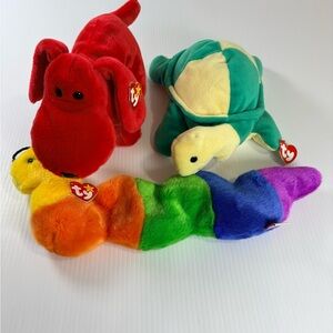 Ty Beanie Baby Lot of 3 River Dog Inch Worm Snap Turtle W/Tags-turtle Tag Flawed